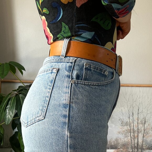 Vintage designer leather belt‎ neutral beige camel gold hardware maximalist med - Picture 4 of 10